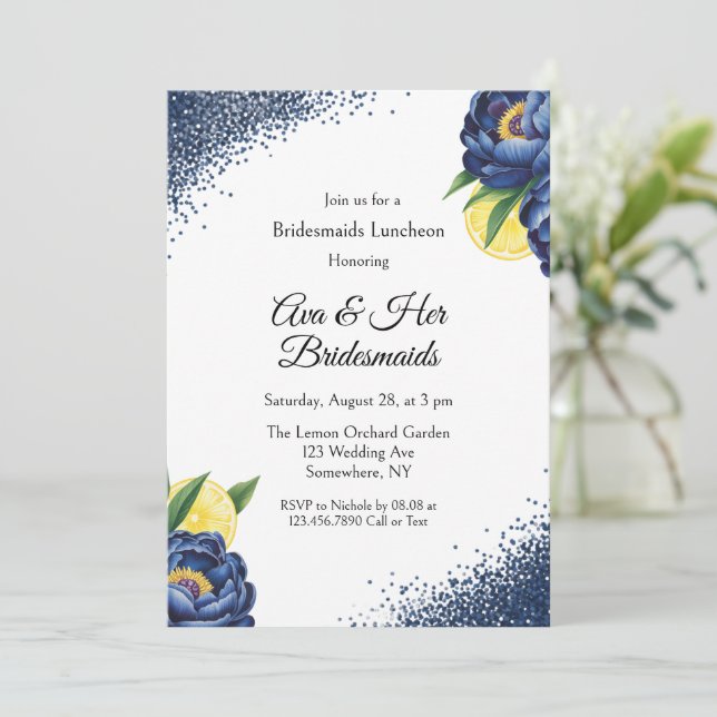 Invitación Navy Peony Citrus Paint Floral Bridesmaid Luncheon (Anverso de pie)