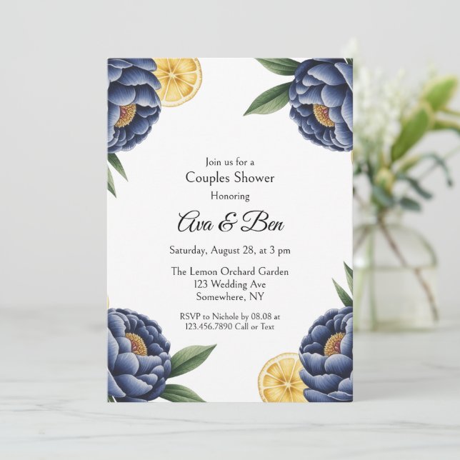 Invitación Navy Peony Citrus Pintado Ducha De Parejas Florale (Anverso de pie)
