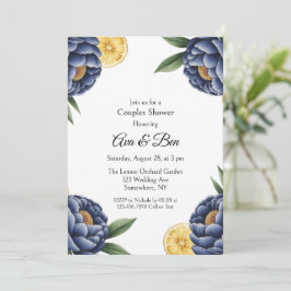 Invitación Navy Peony Citrus Pintado Ducha De Parejas Florale
