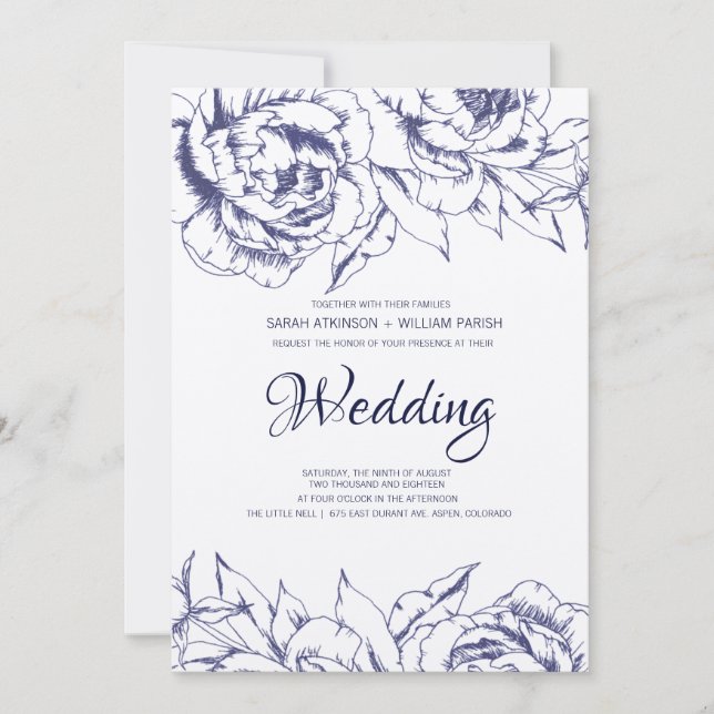 Invitación Navy Peony Simple Wedding Invitation (Anverso)