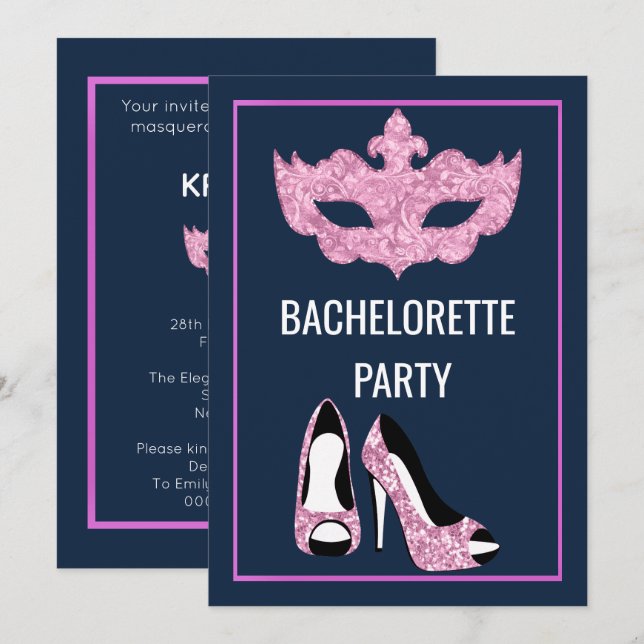 INVITACIÓN NAVY PINK BACHELORETTE HEELS MASQUERADE FIESTA (Anverso / Reverso)