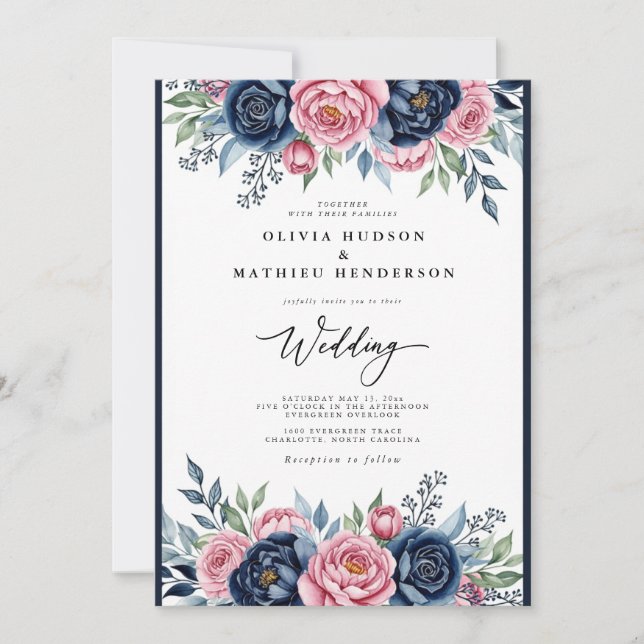 Invitación Navy Pink Botanical Bliss Wedding (Anverso)