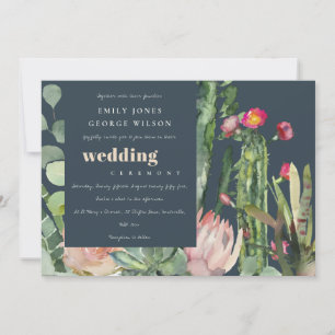 INVITACIÓN NAVY PINK FLORAL CACTI FAUNA BODA DE COLOR DE AGUA