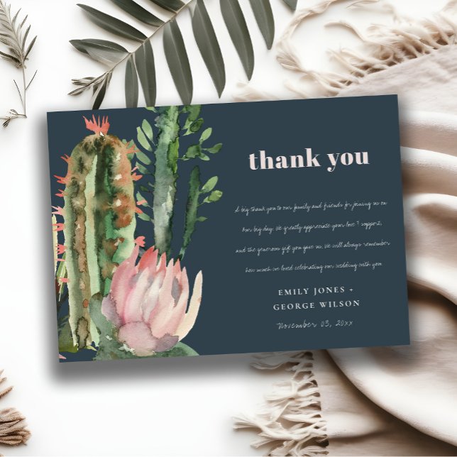 INVITACIÓN NAVY PINK FLORAL CACTI FOLIAGE BODA GRACIAS (Subido por el creador)