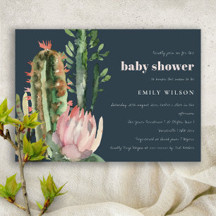 INVITACIÓN NAVY PINK FLORAL DESERT CACTI FOLIAGE BABY SHOWER