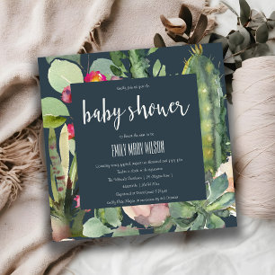 INVITACIÓN NAVY PINK FLORAL DESERT CACTI FOLIAGE BABY SHOWER