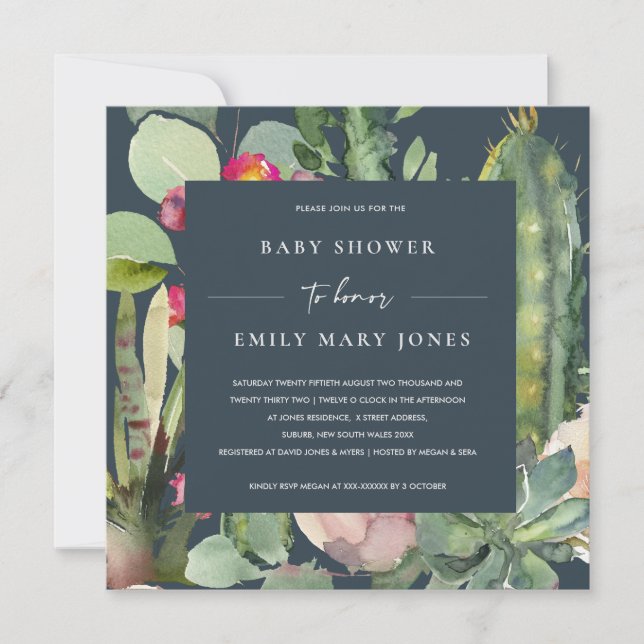 INVITACIÓN NAVY PINK FLORAL DESERT CACTI FOLIAGE BABY SHOWER (Anverso)