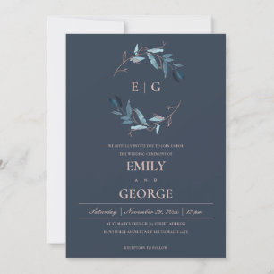 INVITACIÓN NAVY PINK FOLIAGE WATERCOLOR WASH WREATH BODA