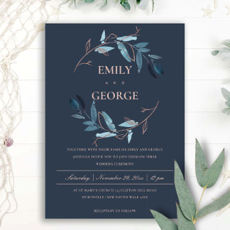 INVITACIÓN NAVY PINK FOLIAGE WATERCOLOR WASH WREATH BODA