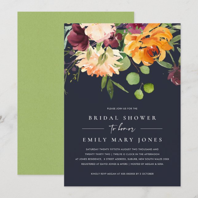 INVITACIÓN NAVY PINK NARANJA AMARILLO FLORAL BUNCH BRIDAL DUC (Anverso / Reverso)
