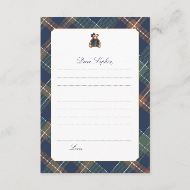 Invitación Navy Plaid Teddy Bear Girl Time Capsule Card (Anverso)