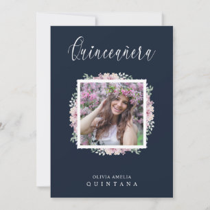 Invitación Navy Quinceañera Pink Trendy Garland Photo Spanish