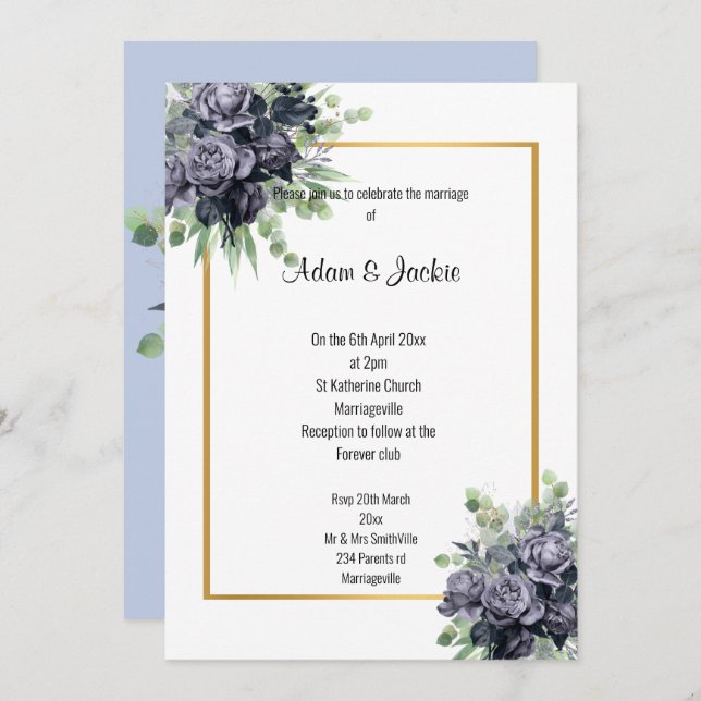 INVITACIÓN NAVY ROSA EUCALYPTUS TRIM BODA ELEGANTE (Anverso / Reverso)