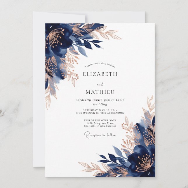 Invitación Navy Rose Gold Opulent Winter Wedding (Anverso)
