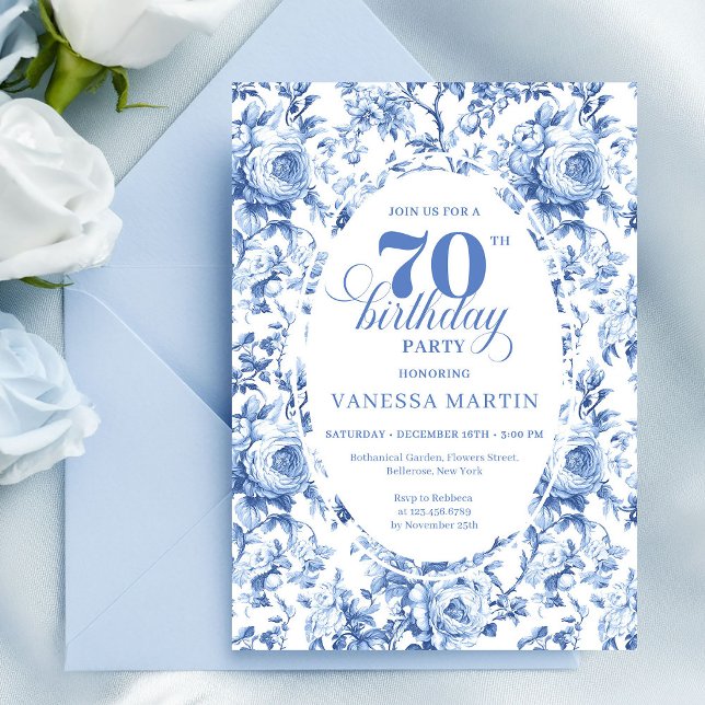 Invitación Navy Roses 70th Birthday Chic Floral Invitation (Navy Roses 70th Birthday Chic Floral Invitation)