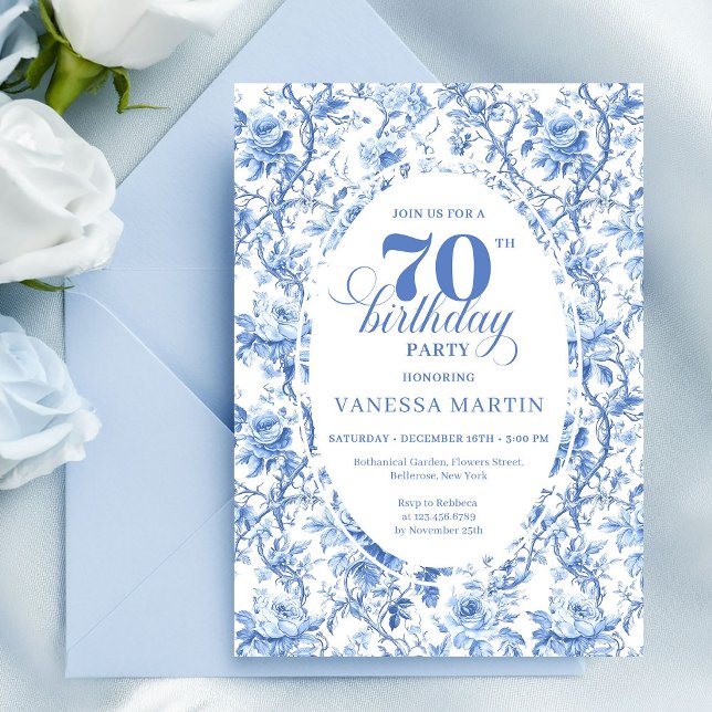 Invitación Navy Roses Floral Elegant 70th Birthday Invitation (Navy Roses Floral Elegant 70th Birthday Invitation)