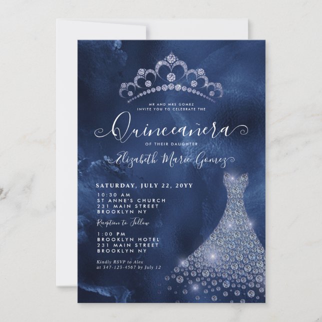 Invitación Navy Royal Blue Diamond Tiara Vestido Quinceanera (Anverso)