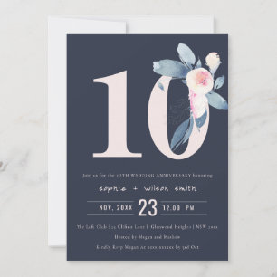 INVITACIÓN NAVY RUBOR AZUL FLORAL 10º ANIVERSARIO DE CUALQUIE