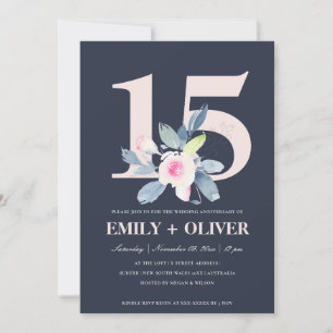 INVITACIÓN NAVY RUBOR AZUL FLORAL 15º ANIVERSARIO CUALQUIER A