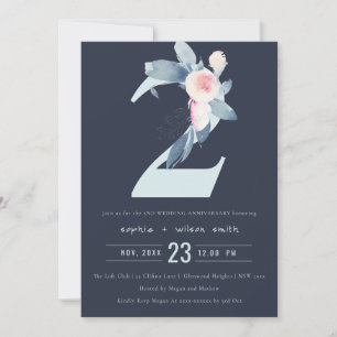INVITACIÓN NAVY RUBOR AZUL FLORAL 2º ANIVERSARIO CUALQUIER AÑ