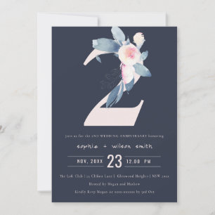 INVITACIÓN NAVY RUBOR AZUL FLORAL 2º ANIVERSARIO CUALQUIER AÑ