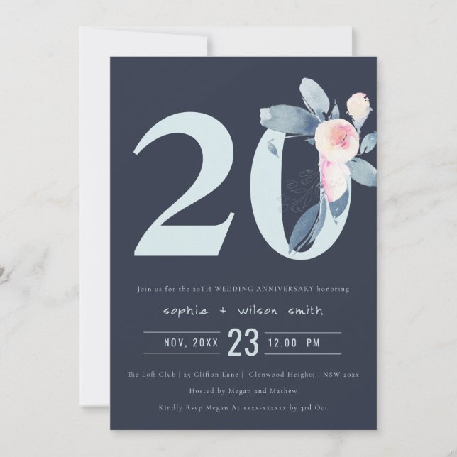 INVITACIÓN NAVY RUBOR AZUL FLORAL 20º ANIVERSARIO DE CUALQUIE (Anverso)