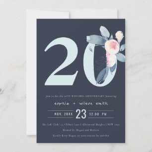 INVITACIÓN NAVY RUBOR AZUL FLORAL 20º ANIVERSARIO DE CUALQUIE