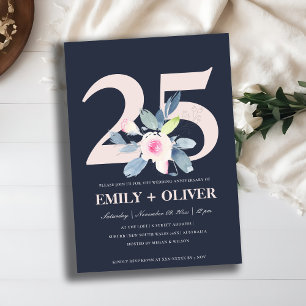 INVITACIÓN NAVY RUBOR AZUL FLORAL 25º ANIVERSARIO DE CUALQUIE