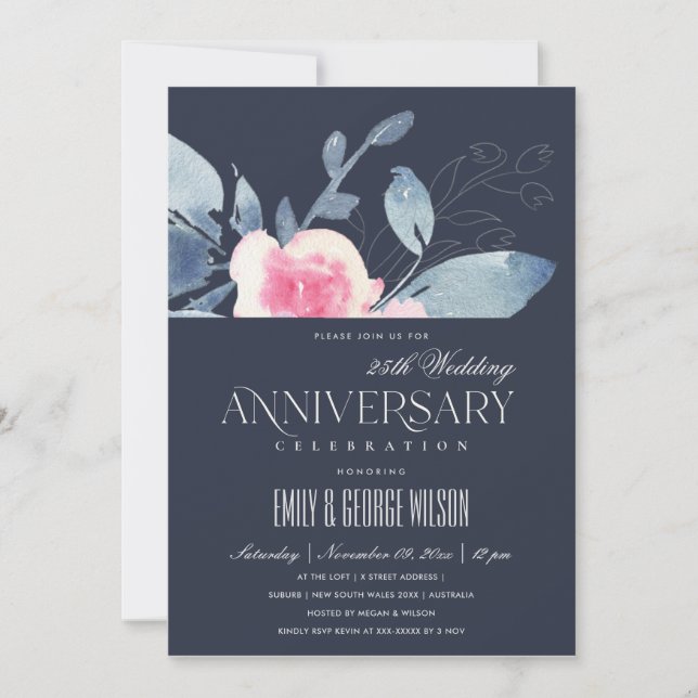 INVITACIÓN NAVY RUBOR AZUL FLORAL 25º ANIVERSARIO DE CUALQUIE (Anverso)