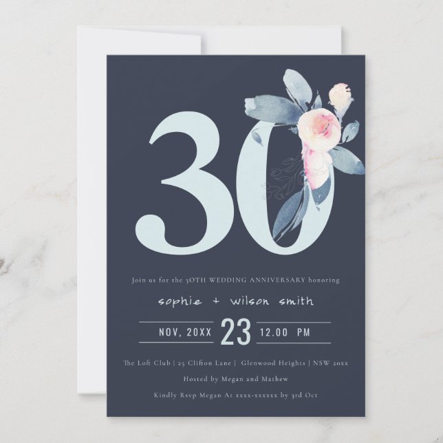 INVITACIÓN NAVY RUBOR AZUL FLORAL 30º ANIVERSARIO DE CUALQUIE (Anverso)