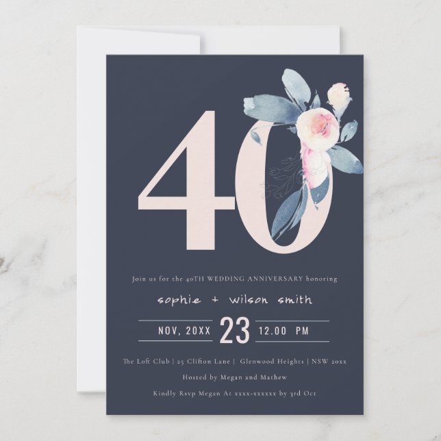 INVITACIÓN NAVY RUBOR AZUL FLORAL 50º ANIVERSARIO DE CUALQUIE (Anverso)