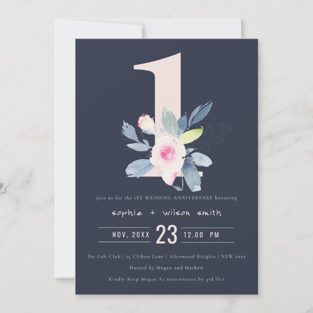 INVITACIÓN NAVY RUBOR BLUE FLORAL 1º AÑO DE ANIVERSARIO (Anverso)