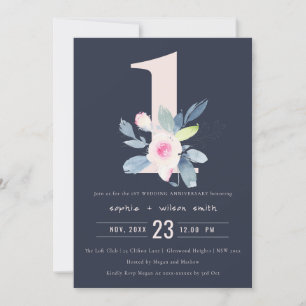 INVITACIÓN NAVY RUBOR BLUE FLORAL 1º AÑO DE ANIVERSARIO