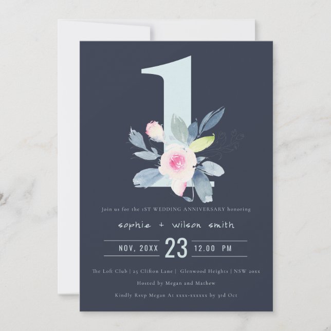 INVITACIÓN NAVY RUBOR BLUE FLORAL 1º AÑO DE ANIVERSARIO (Anverso)
