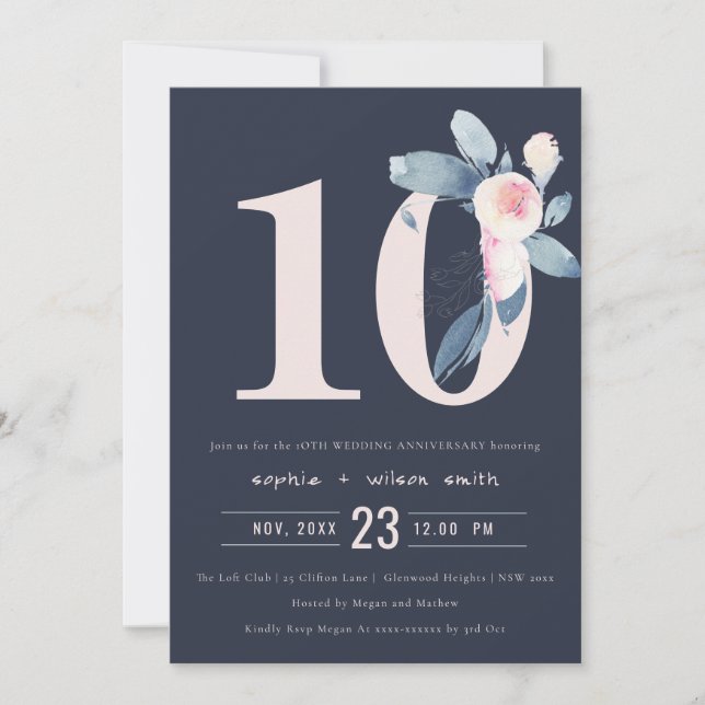 INVITACIÓN NAVY RUBOR BLUE FLORAL 10 AÑOS CUALQUIER ANIVERSAR (Anverso)
