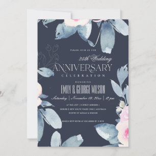INVITACIÓN NAVY RUBOR BLUE FLORAL 25 AÑO CUALQUIER ANIVERSARI