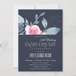 INVITACIÓN NAVY RUBOR BLUE FLORAL 25 AÑO CUALQUIER ANIVERSARI