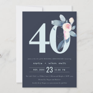 INVITACIÓN NAVY RUBOR BLUE FLORAL 40 AÑOS CUALQUIER AÑO ANIVE