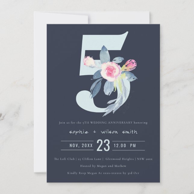INVITACIÓN NAVY RUBOR BLUE FLORAL 5 CUALQUIER AÑO ANIVERSARIO (Anverso)