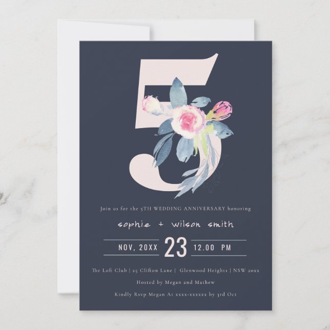 INVITACIÓN NAVY RUBOR BLUE FLORAL 5 CUALQUIER AÑO ANIVERSARIO (Anverso)