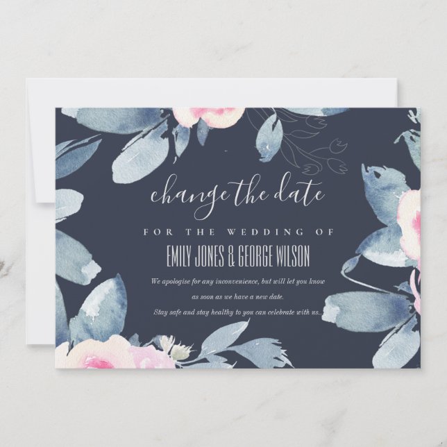 INVITACIÓN NAVY RUBOR BLUE FLORAL BODA CAMBIAR LA FECHA (Anverso)