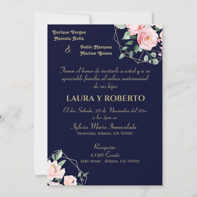 Invitación Navy Rubor, boda Floral (español) (Anverso)