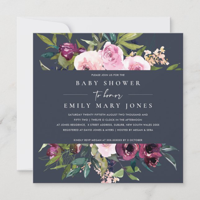 INVITACIÓN NAVY RUBOR BURGUNDY FLORAL BUNCH BABY SHOWER (Anverso)