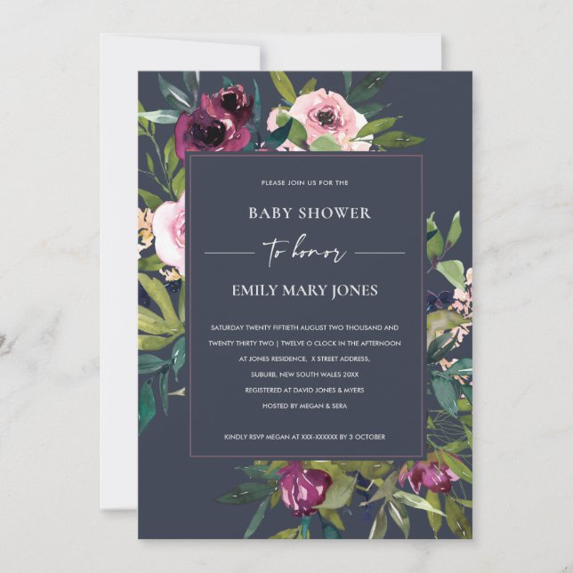 INVITACIÓN NAVY RUBOR BURGUNDY FLORAL BUNCH BABY SHOWER (Anverso)