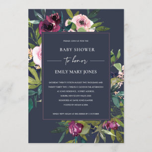 INVITACIÓN NAVY RUBOR BURGUNDY FLORAL BUNCH BABY SHOWER