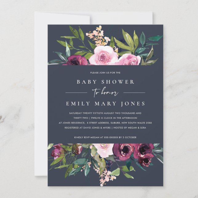 INVITACIÓN NAVY RUBOR BURGUNDY FLORAL BUNCH BABY SHOWER (Anverso)