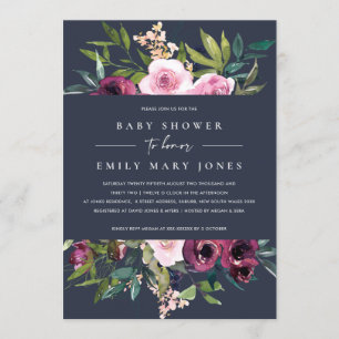 INVITACIÓN NAVY RUBOR BURGUNDY FLORAL BUNCH BABY SHOWER