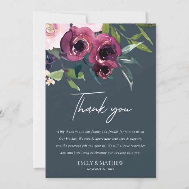 INVITACIÓN NAVY RUBOR BURGUNDY FLORAL BUNCH BODA GRACIAS (Anverso)