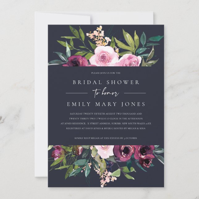 INVITACIÓN NAVY RUBOR BURGUNDY FLORAL BUNCH BRIDAL SHOWER (Anverso)