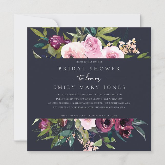 INVITACIÓN NAVY RUBOR BURGUNDY FLORAL BUNCH BRIDAL SHOWER (Anverso)